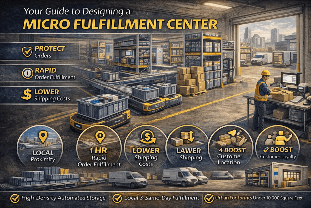 A detailed infographic illustrates a modern micro fulfillment center with robots, shelves, and workers; it highlights benefits like order protection, rapid fulfillment, lower costs, local reach, and customer loyalty.