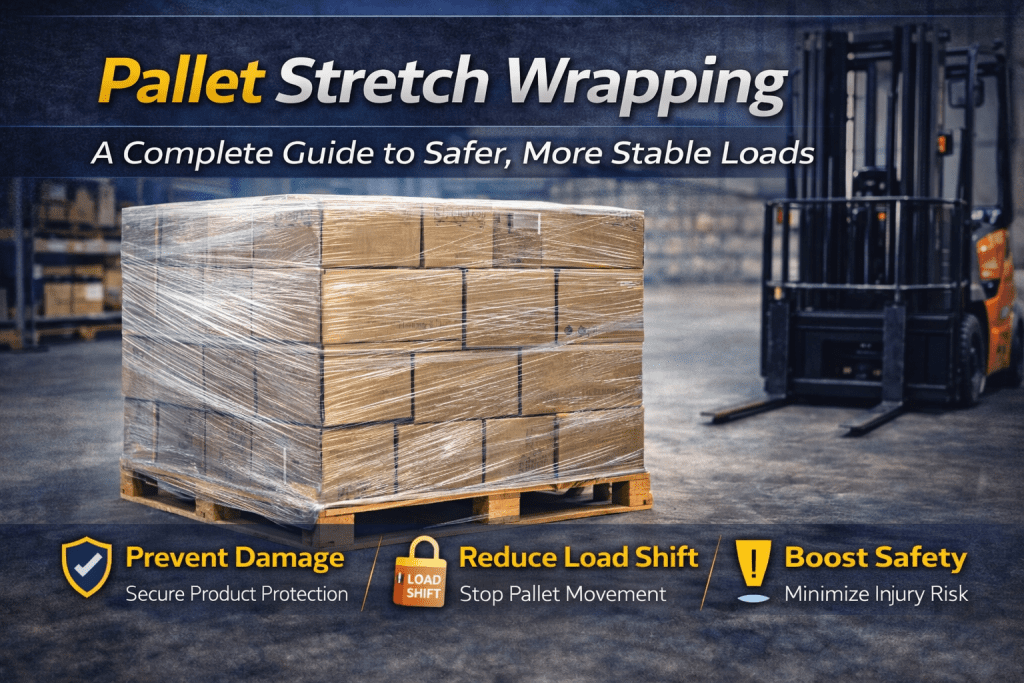 A shrink-wrapped pallet sits in a warehouse near a forklift. Text reads: “Pallet Stretch Wrapping: A Complete Guide to Safer, More Stable Loads.” Icons below highlight damage prevention, reduced load shift, and boosted safety.