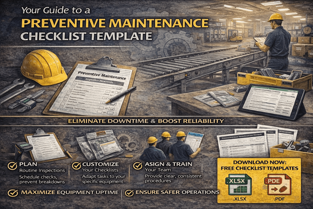 An illustrated factory scene with workers using tablets and clipboards for preventive maintenance. Icons highlight planning, customizing, assigning tasks, maximizing uptime, and ensuring safe operations. A free checklist template download is advertised.