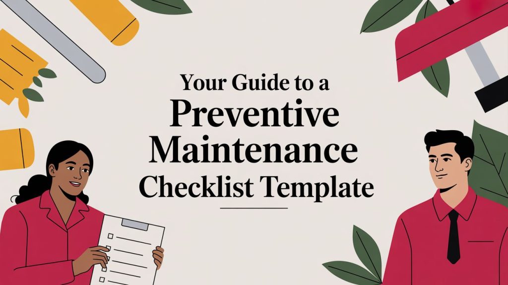 Illustrated banner with Your Guide to a Preventive Maintenance Checklist Template text, featuring a woman holding a clipboard and a man in a shirt, surrounded by leaves and maintenance tools.