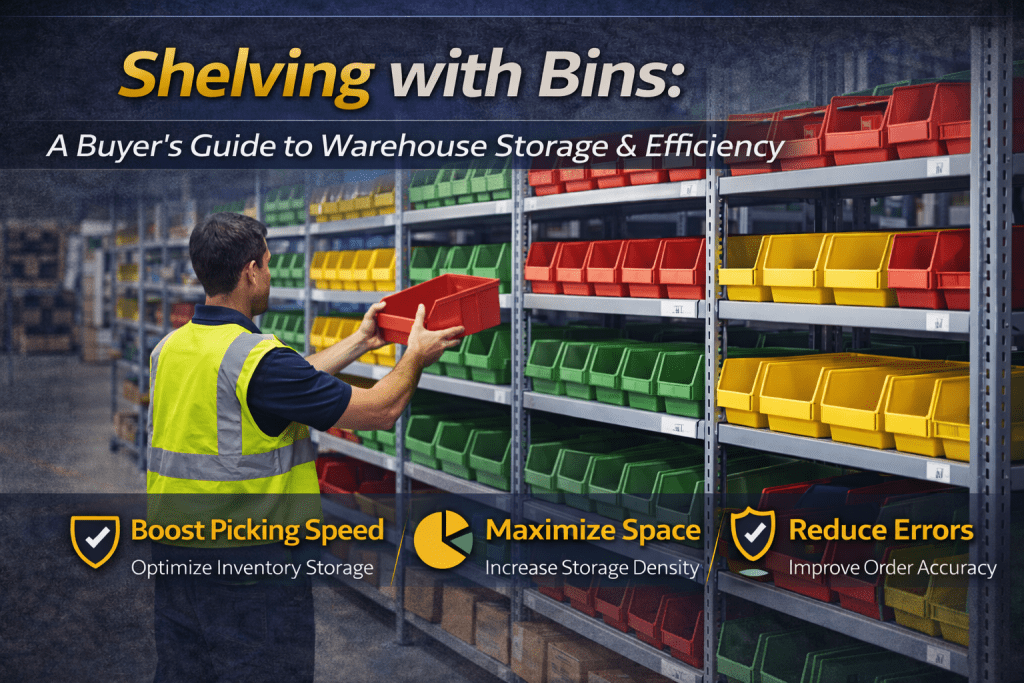 A warehouse worker in a yellow vest organizes red, yellow, and green bins on shelves. Text highlights: Shelving with Bins, storage tips, and icons for boosting speed, maximizing space, and reducing errors.