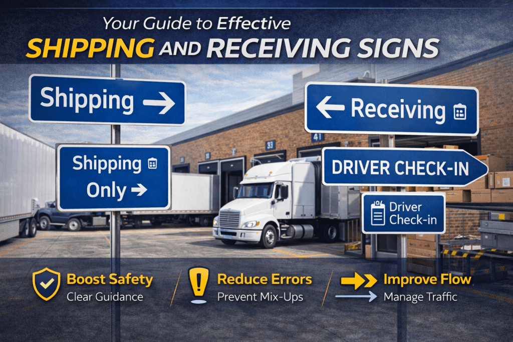 Blue shipping and receiving signs outside a warehouse direct trucks, with a white semi-truck parked nearby. Yellow icons highlight benefits: boost safety, reduce errors, and improve flow.