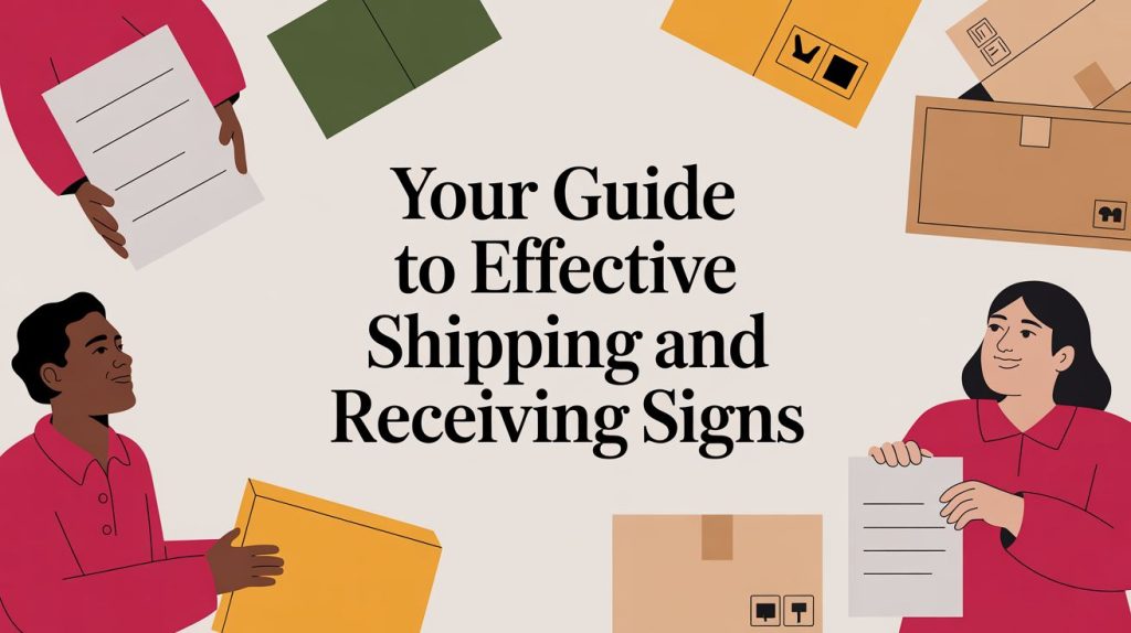 Illustration of two people holding shipping supplies, surrounded by cardboard boxes and papers. Text in the center reads: Your Guide to Effective Shipping and Receiving Signs.