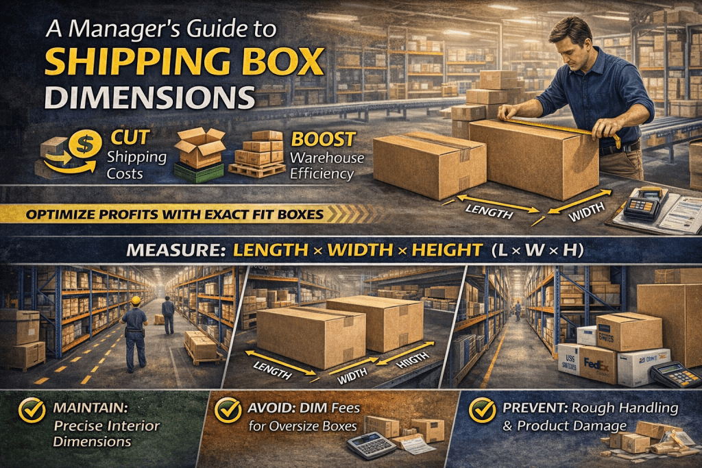 A manager measures cardboard boxes in a warehouse. Text explains how to optimize shipping box dimensions to cut shipping costs, boost space efficiency, and avoid oversized fees using the formula length × width × height.