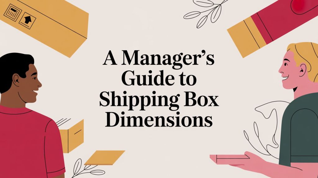 Illustration with two people facing each other, surrounded by shipping boxes and leaves. Center text reads: A Manager’s Guide to Shipping Box Dimensions in bold black letters.