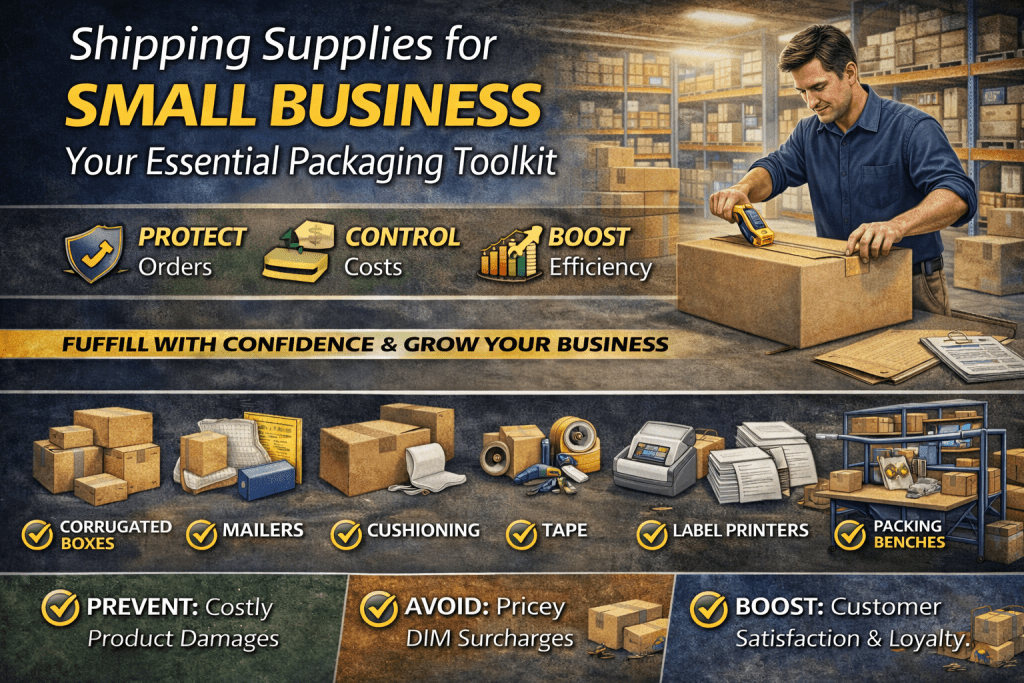 A man packs boxes in a warehouse. Text highlights shipping supplies for small businesses: protect orders, control costs, boost efficiency. Icons show corrugated boxes, mailers, tape, cushioning, label printers, and packing benches.