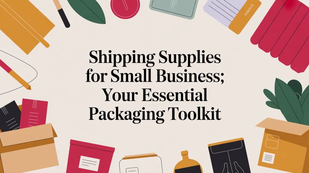 Illustrated boxes, envelopes, tape, and packaging supplies surround bold text that reads: “Shipping Supplies for Small Business; Your Essential Packaging Toolkit” on a beige background.