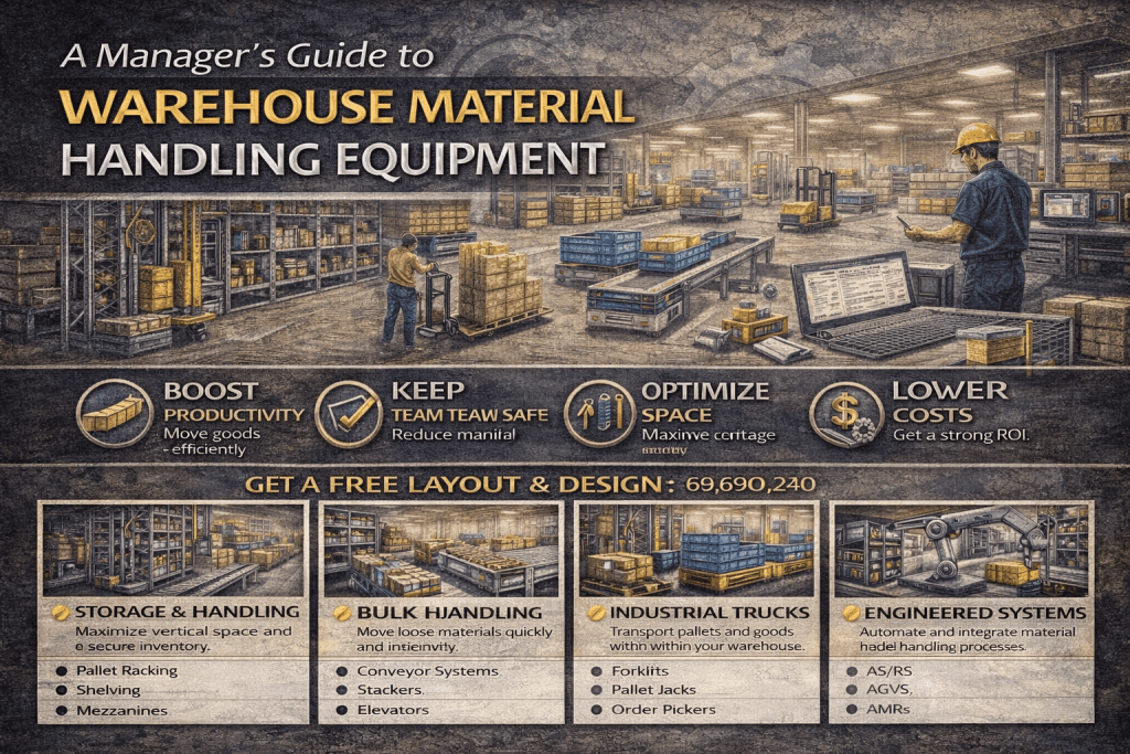 An illustrated guide displays types of warehouse material handling equipment, benefits like boosting productivity and lowering costs, and categories including storage, bulk handling, trucks, and engineered systems in a busy warehouse setting.