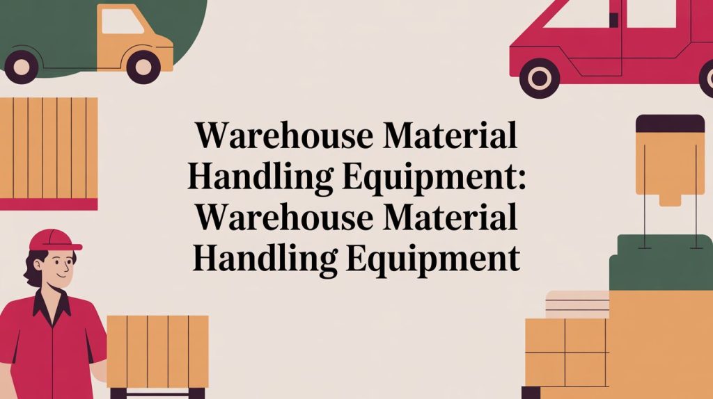 Illustration of a warehouse worker, stacks of boxes, and delivery trucks with the text Warehouse Material Handling Equipment: Warehouse Material Handling Equipment in the center.