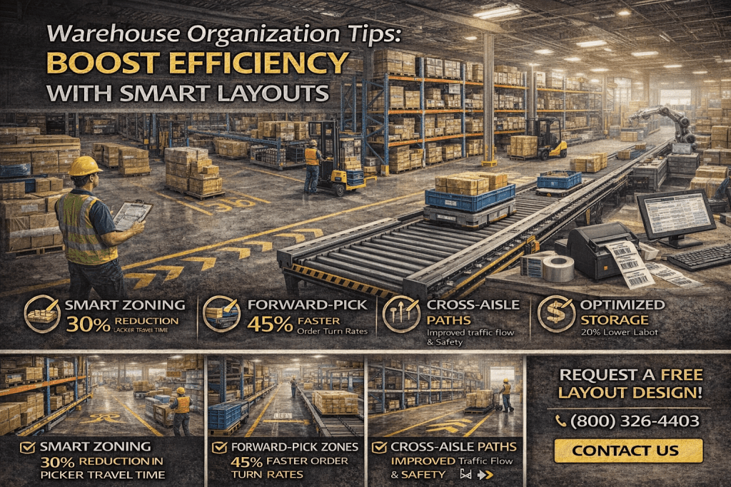 A warehouse scene showing organized shelves, a worker with a tablet, conveyor belts, and highlighted benefits of smart layouts: reduced picker travel time, faster order rates, improved traffic flow, and optimized storage using proven warehouse organization tips.