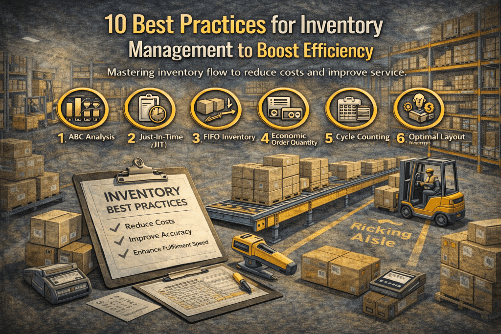 Illustration of a warehouse with boxes and a forklift, showcasing best practices for inventory management like ABC analysis, JIT, FIFO, economic quantity, cycle counting, and optimal layout to boost efficiency.