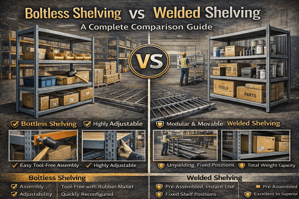 A comparison guide image features boltless shelving vs welded shelving in a warehouse, highlighting easy assembly and adjustability for boltless units, while showcasing the fixed positions and added strength of welded shelving.