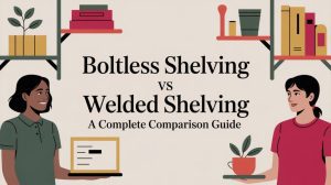 Illustration of two people talking, each near a different shelf with various items. Text in the center reads: Boltless Shelving vs Welded Shelving: A Complete Comparison Guide.
