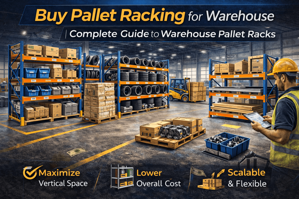 A warehouse with pallet racking shelves holding boxes, tires, and metal parts. A worker in a yellow vest uses a tablet. Text promotes maximizing space, lowering costs, and why you should buy pallet racking for warehouse flexibility and scalability.
