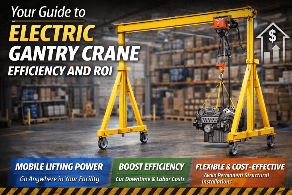 A yellow electric gantry crane lifts an engine in a warehouse. Text highlights benefits: mobile lifting power, boosted efficiency, and being flexible and cost-effective for facility use. Shelves filled with boxes in the background.
