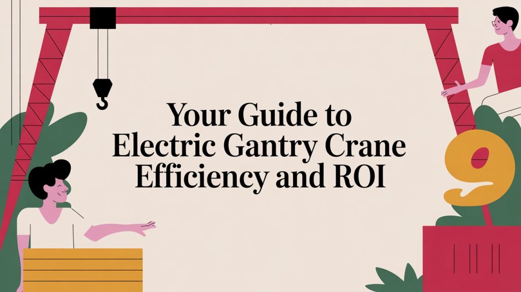 Illustration of two people beside a large electric gantry crane, with the text: Your Guide to Electric Gantry Crane Efficiency and ROI in bold letters. The background features plants and a large yellow number nine.