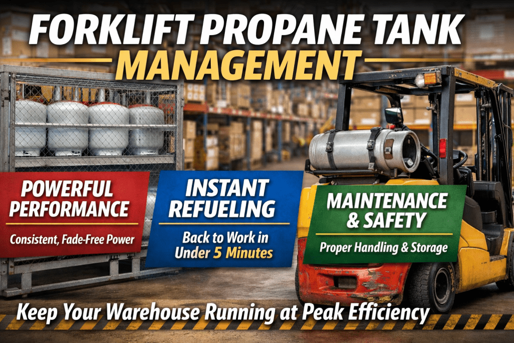 A warehouse background with propane tanks, a forklift carrying a tank, and text highlighting forklift propane tank management benefits: powerful performance, instant refueling, maintenance and safety, and running efficiently.