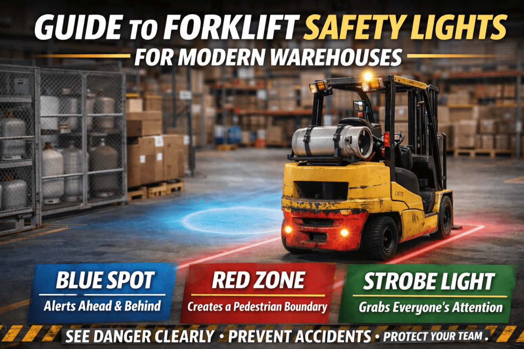 A yellow forklift in a warehouse displays blue, red, and strobe safety lights. Text explains: blue spot alerts, red zone marks a pedestrian boundary, and strobe light grabs attention. Boxes and shelves fill the background.