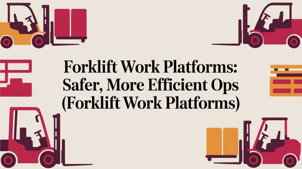 Illustration with red and orange forklifts and pallets around the border. In the center, bold black text reads: “Forklift Work Platforms: Safer, More Efficient Ops (Forklift Work Platforms).”.
