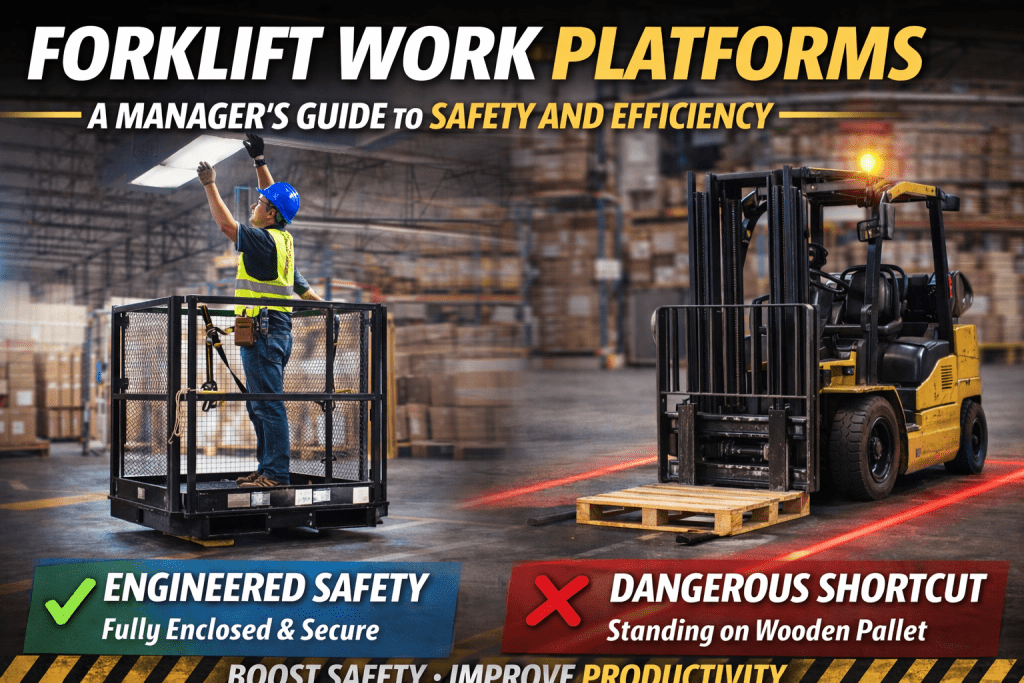A warehouse worker stands safely in an enclosed platform lifted by a forklift, while another forklift dangerously lifts a wooden pallet as a shortcut. Text highlights safety versus risk in forklift platform use.