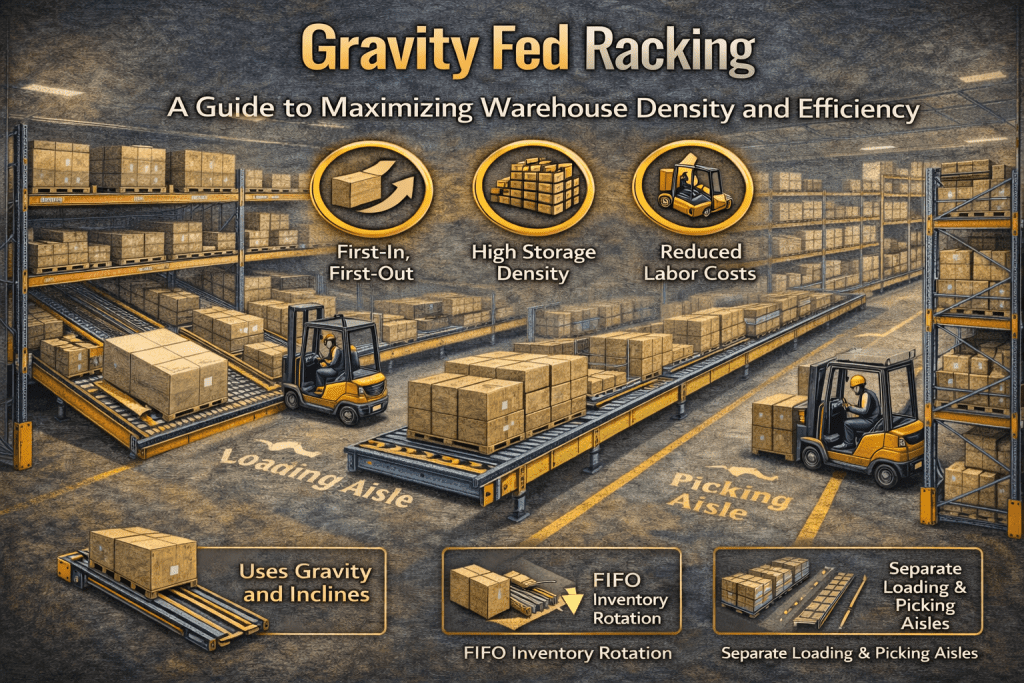 Illustration of a gravity fed racking warehouse system with forklifts moving boxes on inclined racks, labeled with features: loading aisle, picking aisle, gravity use, FIFO rotation, high density storage, and reduced labor costs.