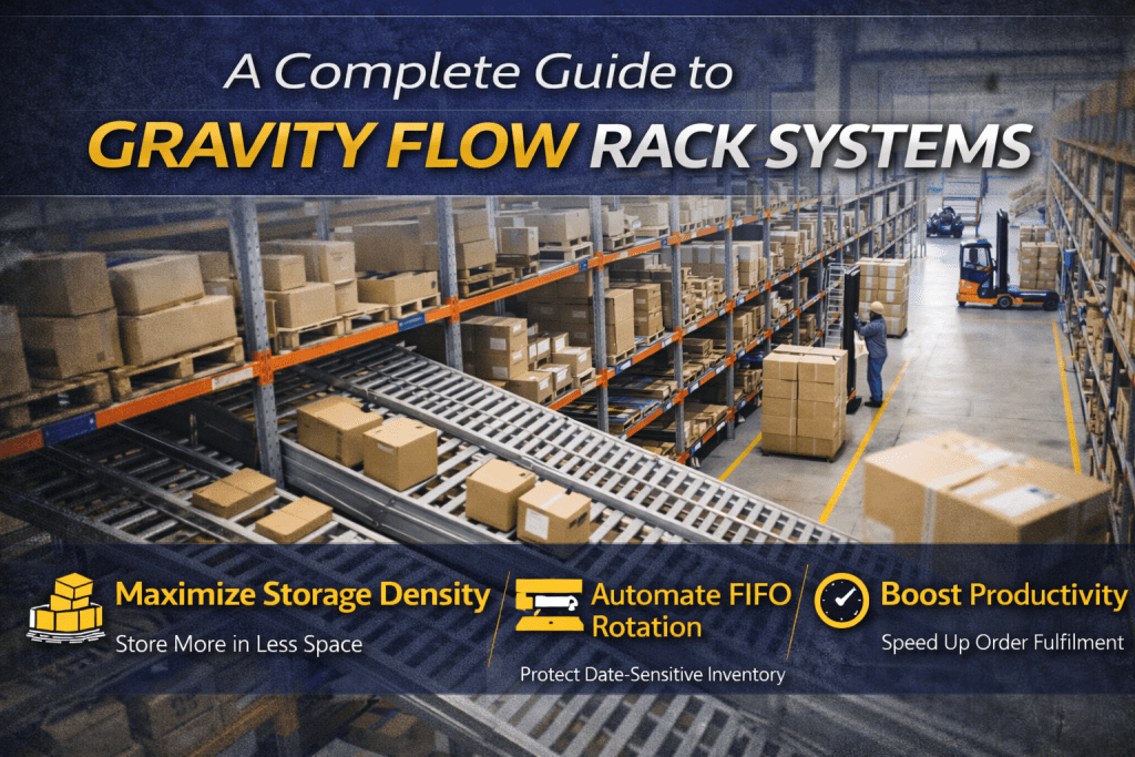 A warehouse with high shelves filled with boxes, workers moving pallets, and text highlighting Gravity Flow Rack Systems benefits: maximize storage density, automate FIFO rotation, and boost productivity.