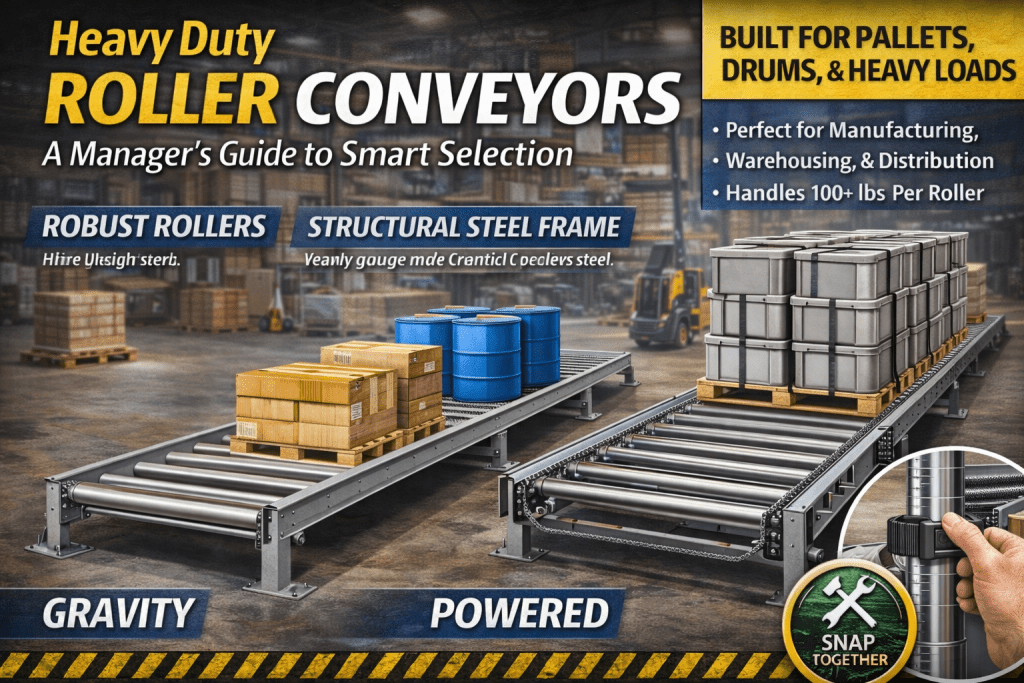 Two heavy duty roller conveyors, one gravity and one powered, transport pallets, drums, and boxes. Features robust rollers, steel frames, and snap-together assembly—ideal for heavy loads in manufacturing and warehousing.