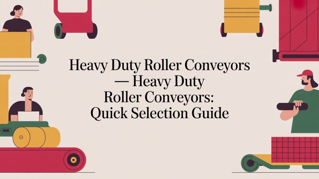 Illustration of people working with heavy duty roller conveyors in red and yellow, surrounding the text Heavy Duty Roller Conveyors — Heavy Duty Roller Conveyors: Quick Selection Guide on a beige background.