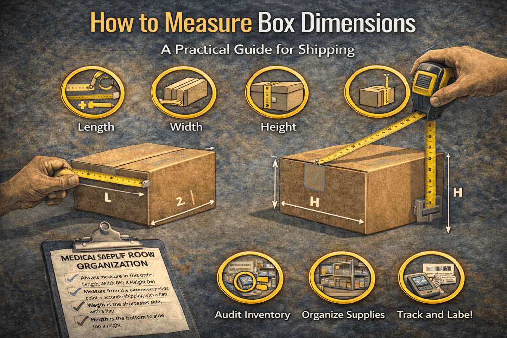 Illustrated guide on how to measure box dimensions for shipping: use tape measures for length, width, and height, plus icons for auditing inventory, organizing supplies, and tracking and labeling.