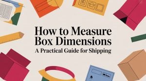 Illustrated guide cover with text How to Measure Box Dimensions: A Practical Guide for Shipping, surrounded by colorful drawings of rulers, measuring tape, and various boxes.