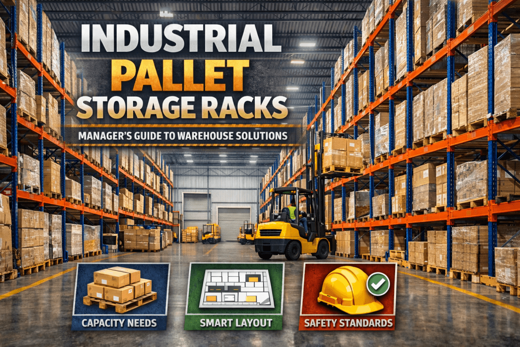 A large warehouse with tall pallet racks filled with boxes, a forklift handling pallets, and text reading Industrial Pallet Storage Racks: Manager’s Guide to Warehouse Solutions with icons for capacity, layout, and safety.