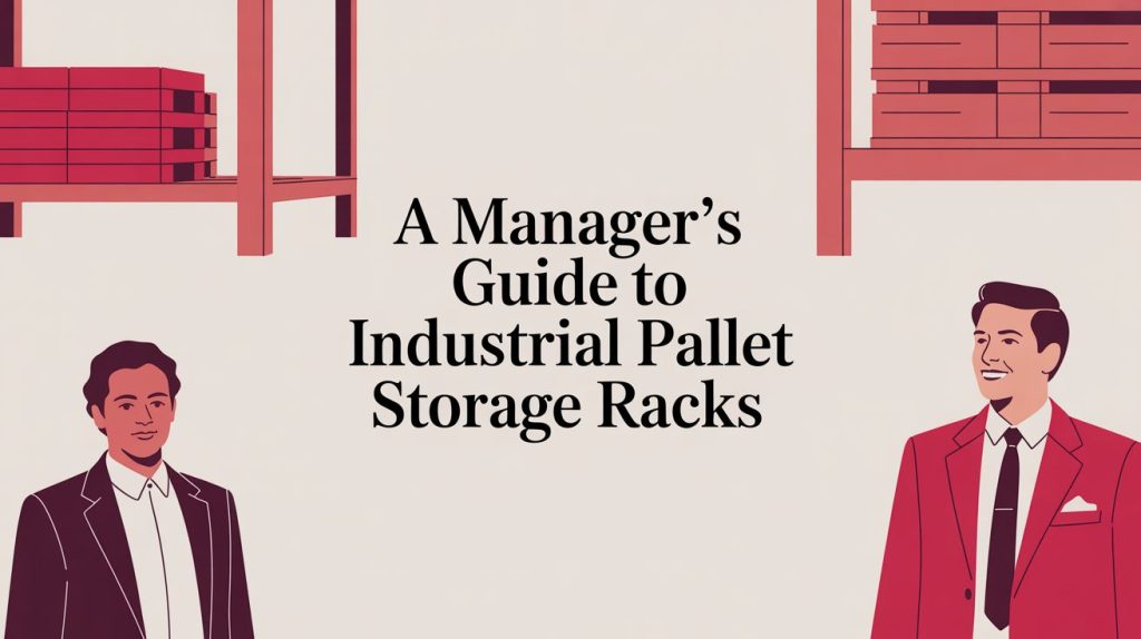 Two men in suits stand under large industrial pallet racks with stacked boxes. Centered text reads: A Manager’s Guide to Industrial Pallet Storage Racks. The design uses red tones and minimalistic illustrations.