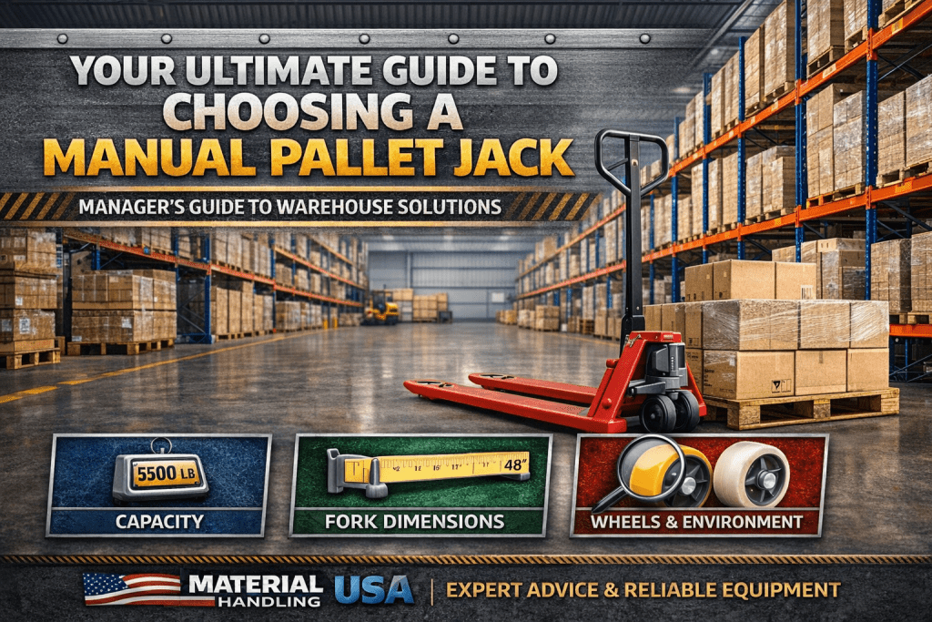 A warehouse with tall shelves full of boxes, a red manual pallet jack in the foreground, and colorful banners highlighting capacity, fork dimensions, and wheels. Text promotes a guide to choosing a manual pallet jack.