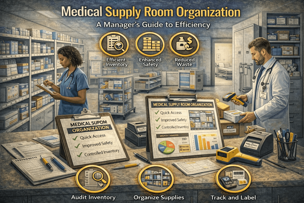 Two healthcare workers organize a medical supply room, applying medical supply room organization tips. Charts display strategies for efficient inventory and improved safety, while icons highlight access, safety, and waste reduction benefits.