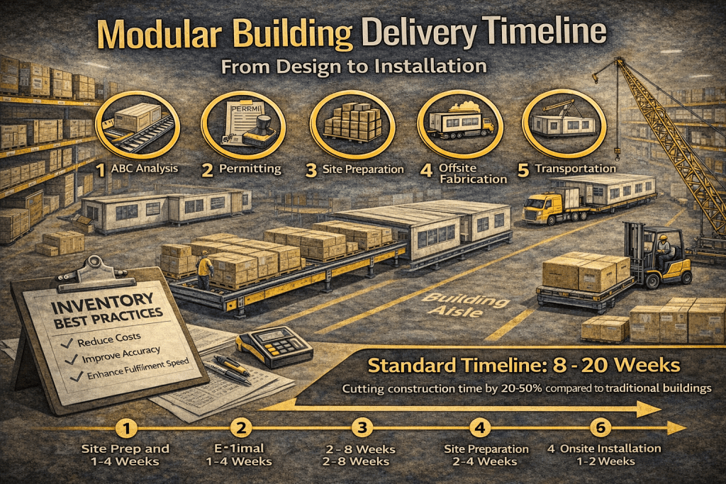 Infographic illustrating a modular building delivery timeline, detailing six steps: ABC analysis, permitting, site prep, offsite fabrication, transportation, and onsite installation. Includes inventory tips and a standard modular building delivery timeline of 8–20 weeks.