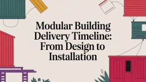 Text on a cream background reads Modular Building Delivery Timeline: From Design to Installation. Surrounding text are colorful illustrated building elements and foliage.