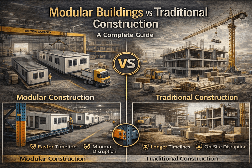 An infographic compares modular buildings vs traditional construction—showing prefabricated modules and a truck alongside a building framework, cranes, and workers. Text highlights faster timelines and less disruption with modular methods.