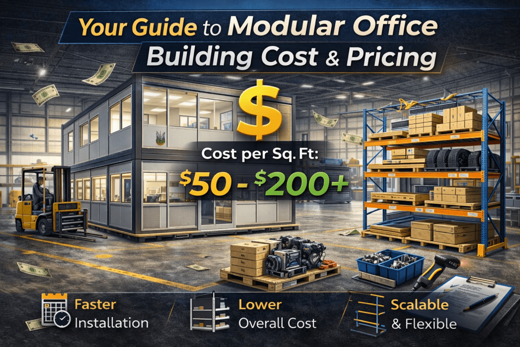 A modern warehouse with a two-story modular office, shelving, boxes, and a forklift. Text highlights modular office building cost per sq. ft. ($50–$200+), plus benefits like faster installation, lower cost, and scalable flexibility.