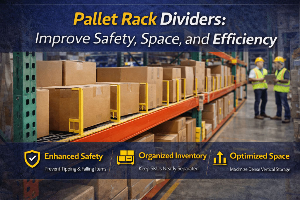 Warehouse shelves with boxes separated by pallet rack dividers. Two workers in safety vests and helmets stand in the background. Text highlights benefits: enhanced safety, organized inventory, and optimized space.