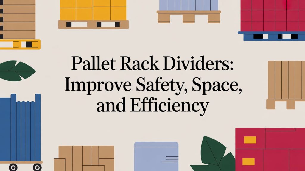 Text reads “Pallet Rack Dividers: Improve Safety, Space, and Efficiency.” The background features colorful illustrations of pallets, racks, and green leaves around the border.