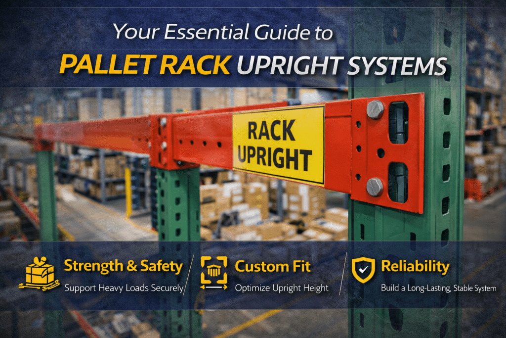 Close-up of a green and red pallet rack upright in a warehouse, with a yellow sign reading RACK UPRIGHT. Text highlights benefits: strength and safety, custom fit, and reliability for pallet rack upright systems.