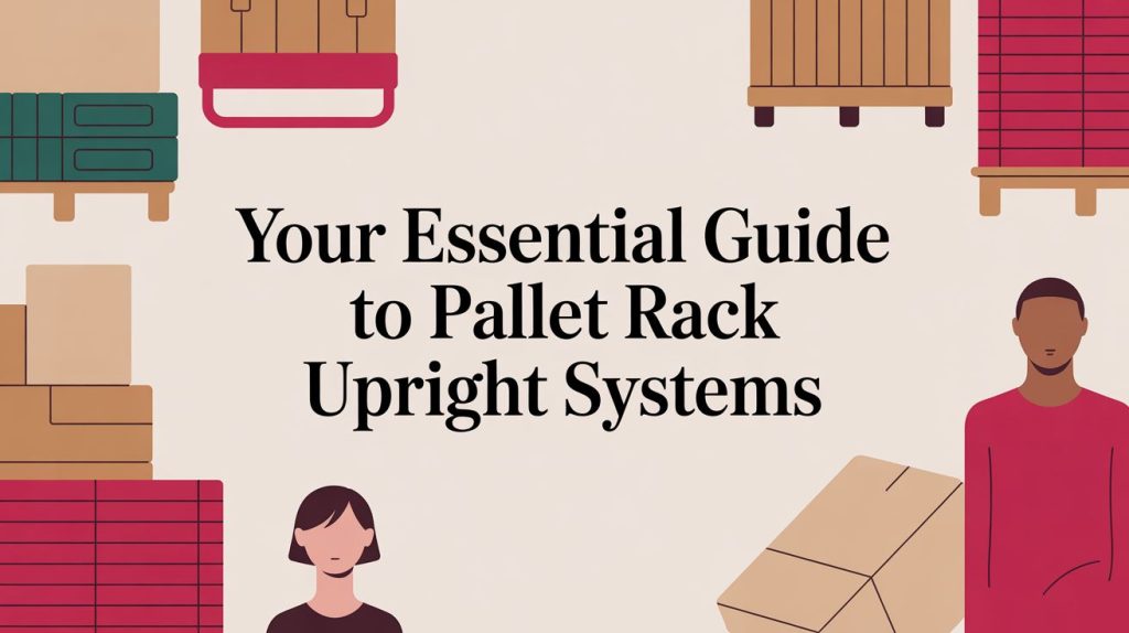Illustrated guide cover with shelves, pallets, boxes, and two people, featuring the title Your Essential Guide to Pallet Rack Upright Systems in bold text.