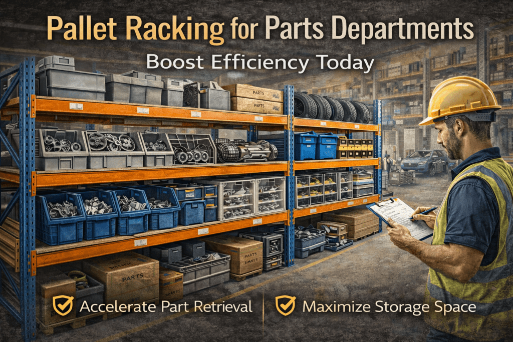 A worker in safety gear checks a clipboard beside organized pallet racking for parts departments, emphasizing efficiency and maximizing storage space in the warehouse.