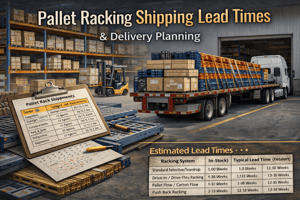 A warehouse with pallet racks, a truck being loaded, and a clipboard chart. Text highlights pallet racking shipping lead times with tables listing estimated shipping times for different racking systems.