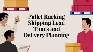 Four people work with pallets, clipboards, and boxes around bold text that reads: Pallet Racking Shipping Lead Times and Delivery Planning. Shelving and stacked boxes are shown in the background.