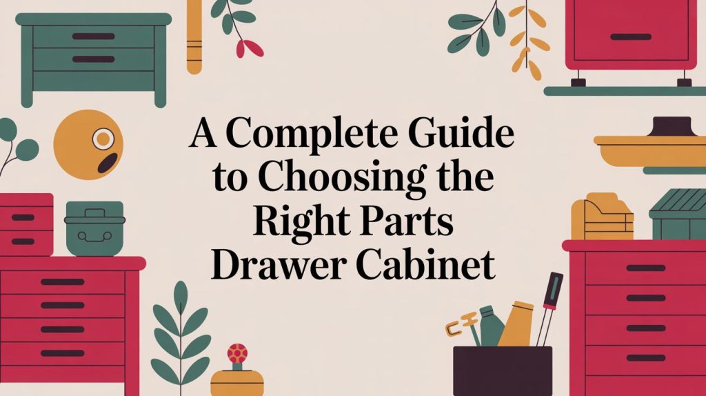 Colorful illustration of various drawer cabinets, plants, and tools surrounding the text: A Complete Guide to Choosing the Right Parts Drawer Cabinet on a beige background.