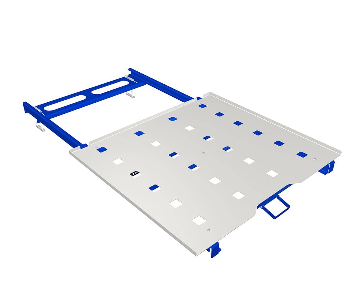 Close view of a rack-mounted roll-out shelf top plate with mounting bracket and pull handle, manufacturer product illustration