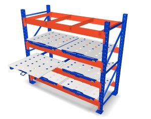 A large blue and orange metal shelving unit with three adjustable grey perforated shelves, one shelf partially pulled out, shown on a white background.