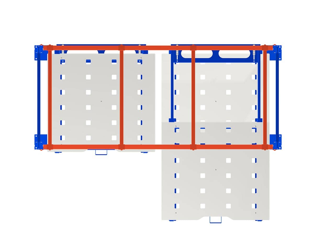 Top-down view of a rack-mounted roll-out shelf platform showing the perforated top plate layout, manufacturer product illustration