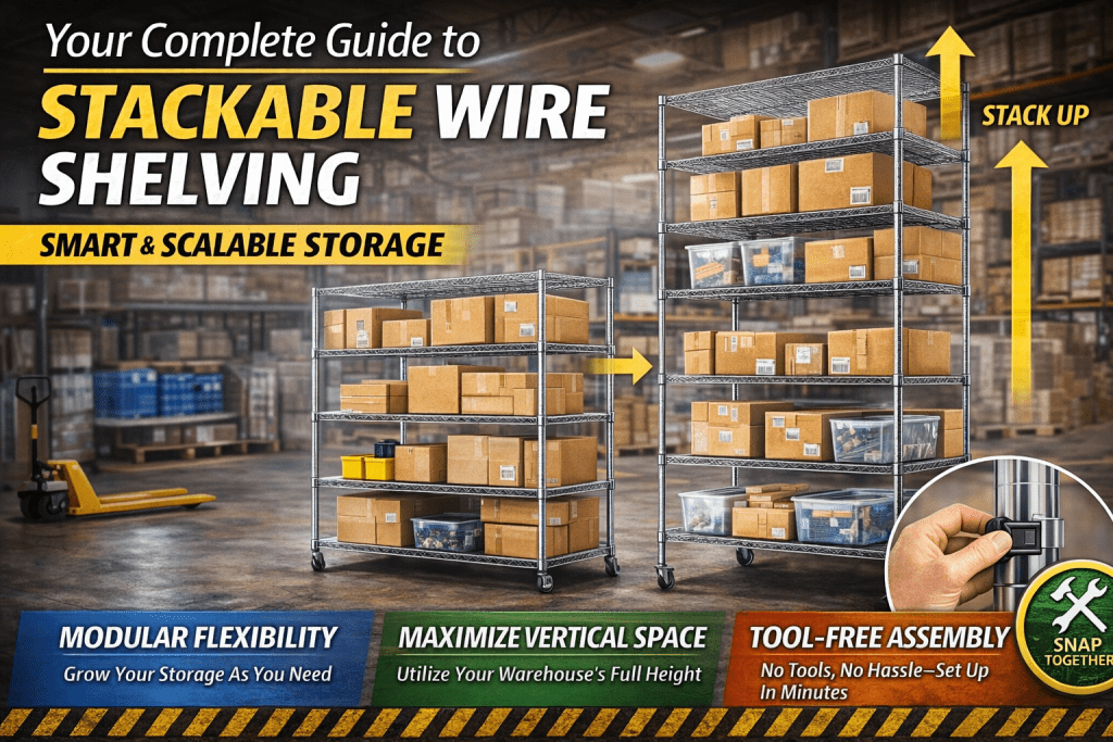 Two metal shelving units filled with cardboard boxes are shown in a warehouse. Text highlights stackable, tool-free assembly, modular flexibility, and maximizing vertical storage. A hand snaps shelves together. Yellow arrows point upward.